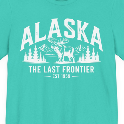 Alaska The Last Frontier Moose Mountain Wilderness Graphic Shirt — Premium Tee Premium T-Shirt – Teal – Alaska Cruise Shirts Close Up