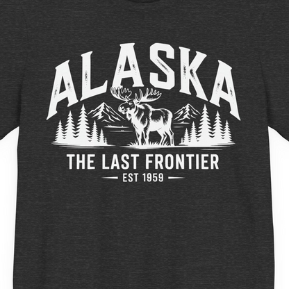 Alaska The Last Frontier Moose Mountain Wilderness Graphic Shirt — Premium Tee Premium T-Shirt – Dark Grey Heather – Alaska Cruise Shirts Close Up