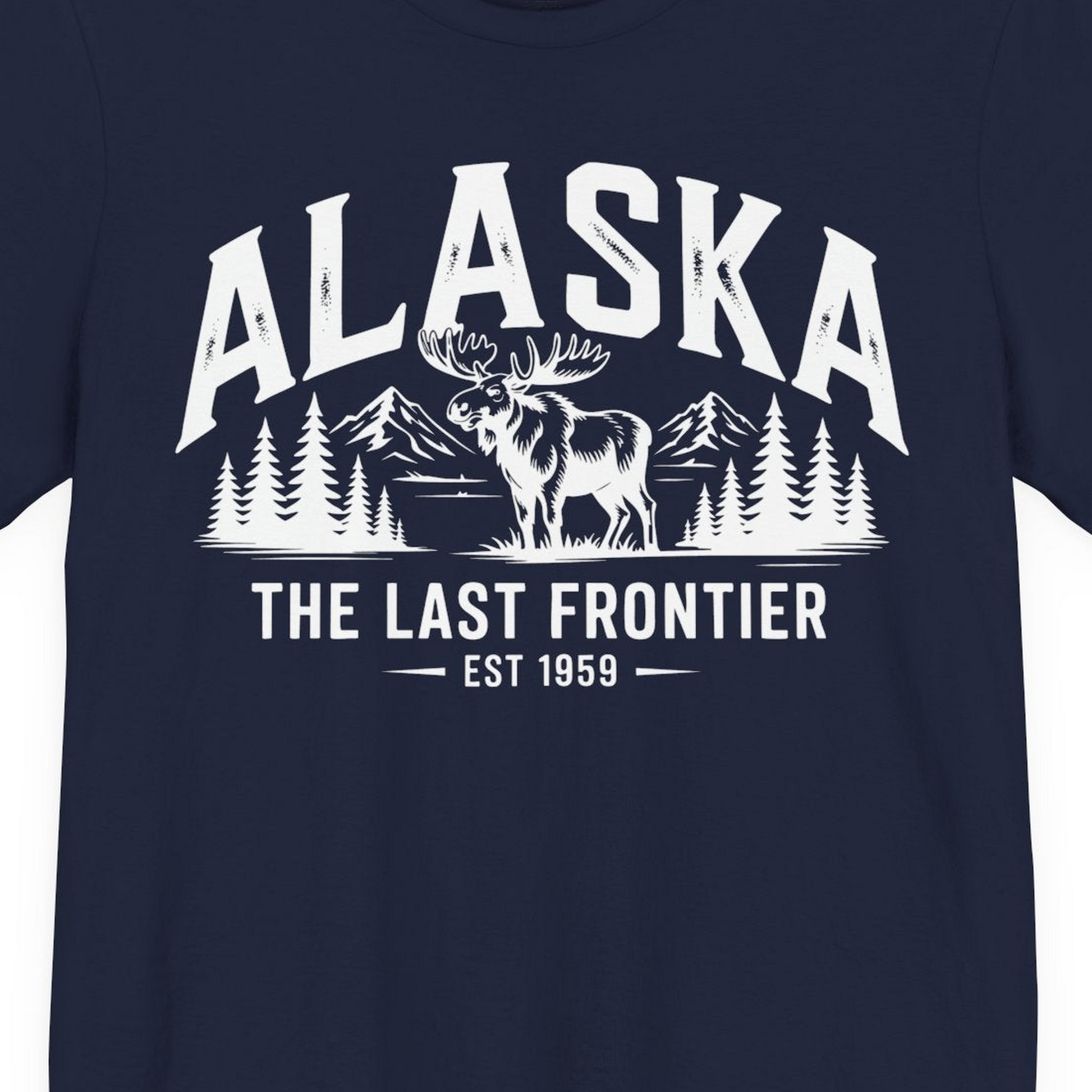 Alaska The Last Frontier Moose Mountain Wilderness Graphic Shirt — Premium Tee Premium T-Shirt – Navy – Alaska Cruise Shirts Close Up