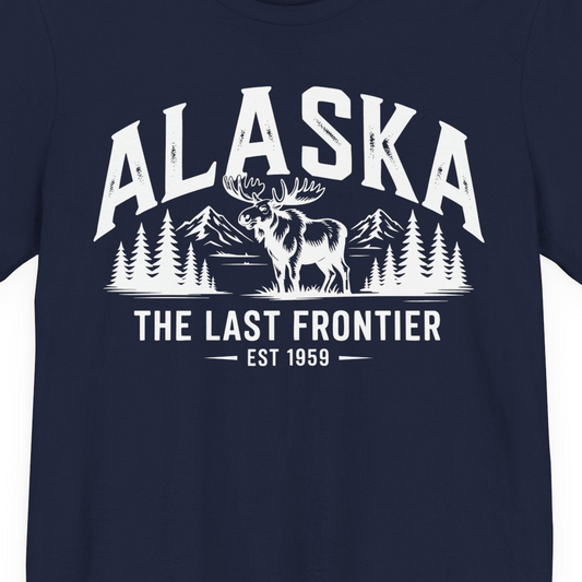 Alaska The Last Frontier Moose Mountain Wilderness Graphic Shirt — Premium Tee Premium T-Shirt – Navy – Alaska Cruise Shirts Close Up