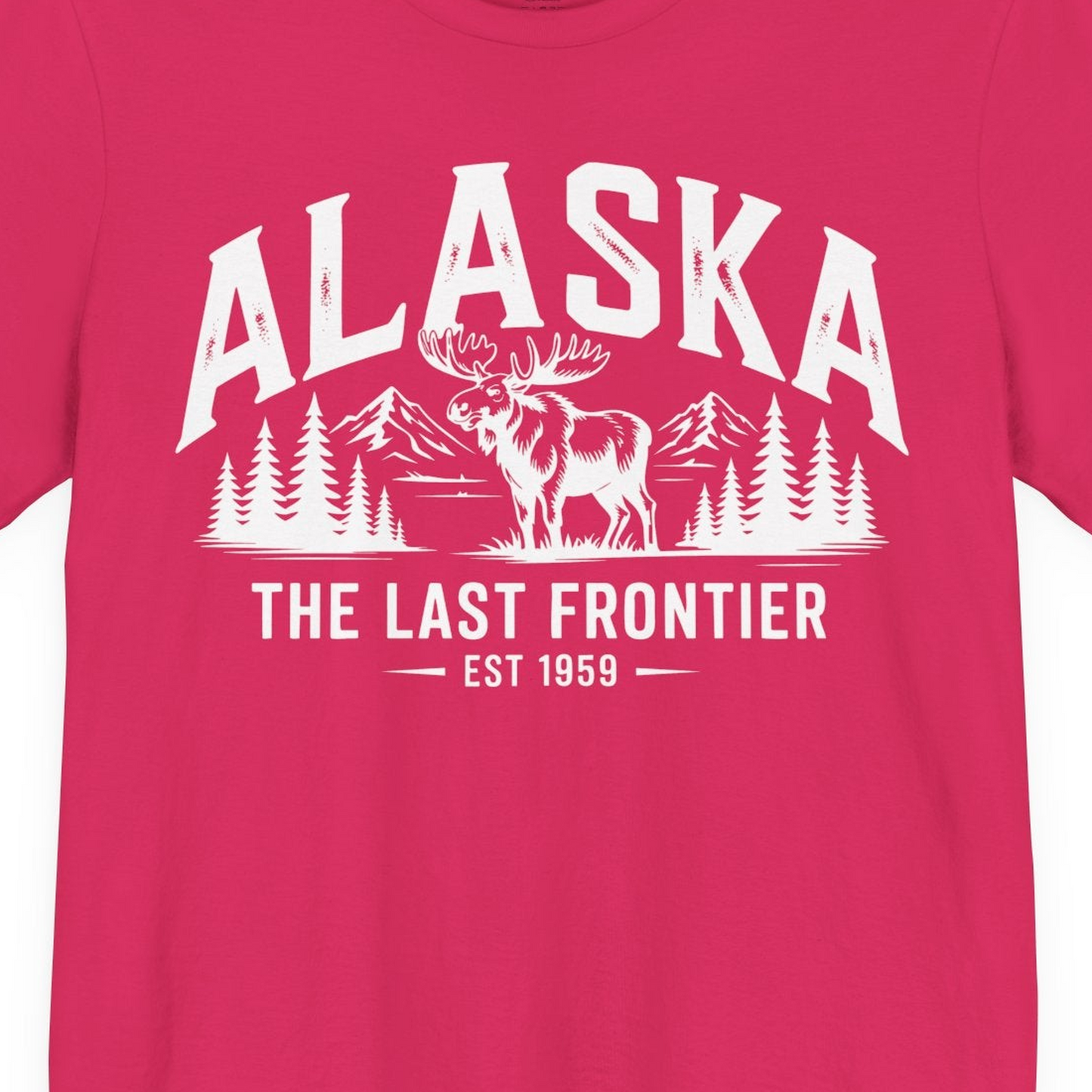 Alaska The Last Frontier Moose Mountain Wilderness Graphic Shirt — Premium Tee Premium T-Shirt – Fuchsia – Alaska Cruise Shirts Close Up