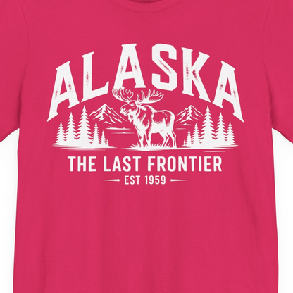 Alaska The Last Frontier Moose Mountain Wilderness Graphic Shirt — Premium Tee Premium T-Shirt – Fuchsia – Alaska Cruise Shirts Close Up