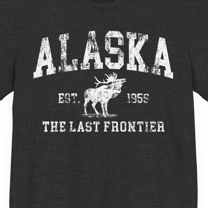 Vintage Alaska Moose Shirt Premium T-Shirt – Dark Grey Heather – Alaska Cruise Shirts Close Up