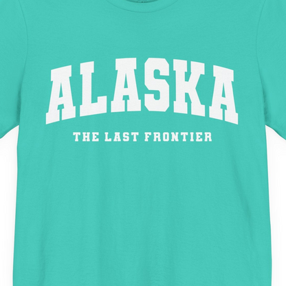 Alaska The Last Frontier Bold Collegiate Vintage State Pride Shirt — Premium Tee Premium T-Shirt – Teal – Alaska Cruise Shirts Close Up