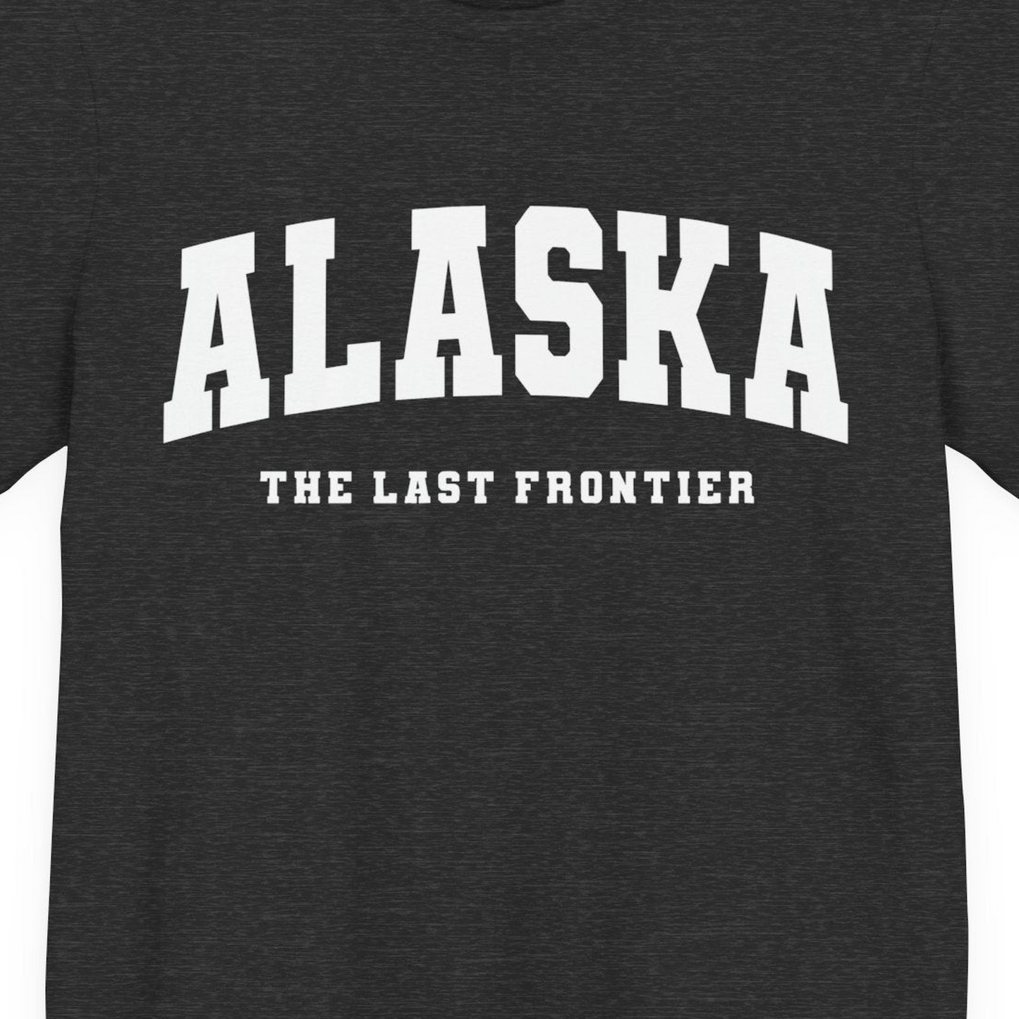 Alaska The Last Frontier Bold Collegiate Vintage State Pride Shirt — Premium Tee Premium T-Shirt – Dark Grey Heather – Alaska Cruise Shirts Close Up