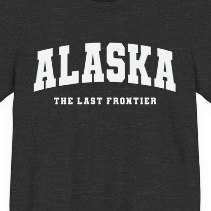 Alaska The Last Frontier Bold Collegiate Vintage State Pride Shirt — Premium Tee Premium T-Shirt – Dark Grey Heather – Alaska Cruise Shirts Close Up