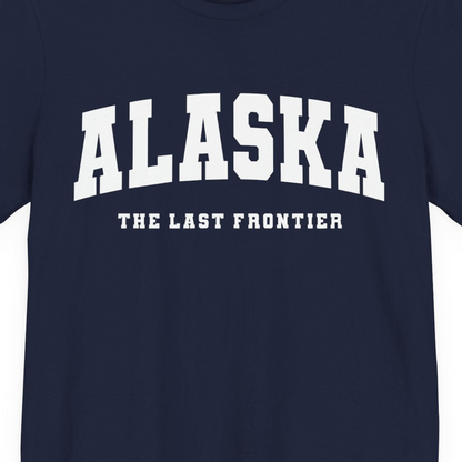 Alaska The Last Frontier Bold Collegiate Vintage State Pride Shirt — Premium Tee Premium T-Shirt – Navy – Alaska Cruise Shirts Close Up