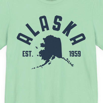 Vintage Alaska State Outline Est 1959 Retro Collegiate Shirt — Premium Tee Premium T-Shirt – Mint – Alaska Cruise Shirts Close Up