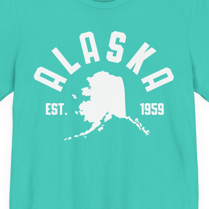 Vintage Alaska State Outline Est 1959 Retro Collegiate Shirt — Premium Tee Premium T-Shirt – Teal – Alaska Cruise Shirts Close Up