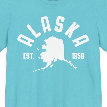Vintage Alaska State Outline Est 1959 Retro Collegiate Shirt — Premium Tee Premium T-Shirt – Turquoise – Alaska Cruise Shirts Close Up