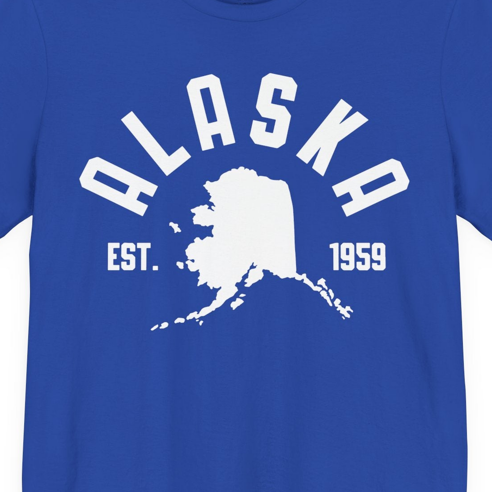 Vintage Alaska State Outline Est 1959 Retro Collegiate Shirt — Premium Tee Premium T-Shirt – True Royal – Alaska Cruise Shirts Close Up
