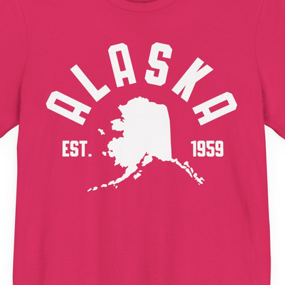 Vintage Alaska State Outline Est 1959 Retro Collegiate Shirt — Premium Tee Premium T-Shirt – Fuchsia – Alaska Cruise Shirts Close Up