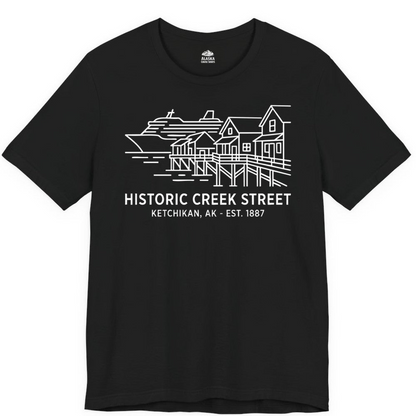 Ketchikan Creek Street Alaska Waterfront and Cruise Ship Shirt — Premium Tee Premium T-Shirt – Black – Alaska Cruise Shirts Close Up