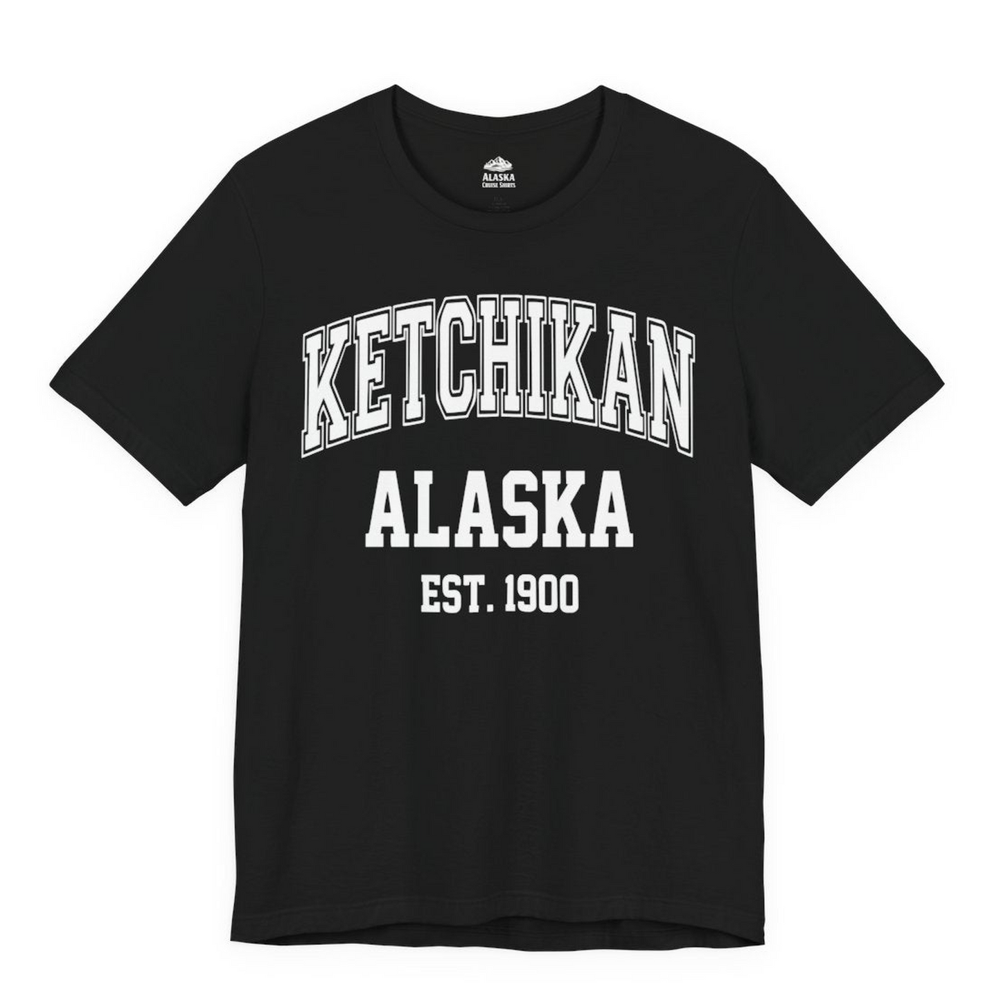 Ketchikan Alaska Collegiate Style Est 1900 Vintage Tee Shirt — Premium Tee Premium T-Shirt – Black – Alaska Cruise Shirts Close Up