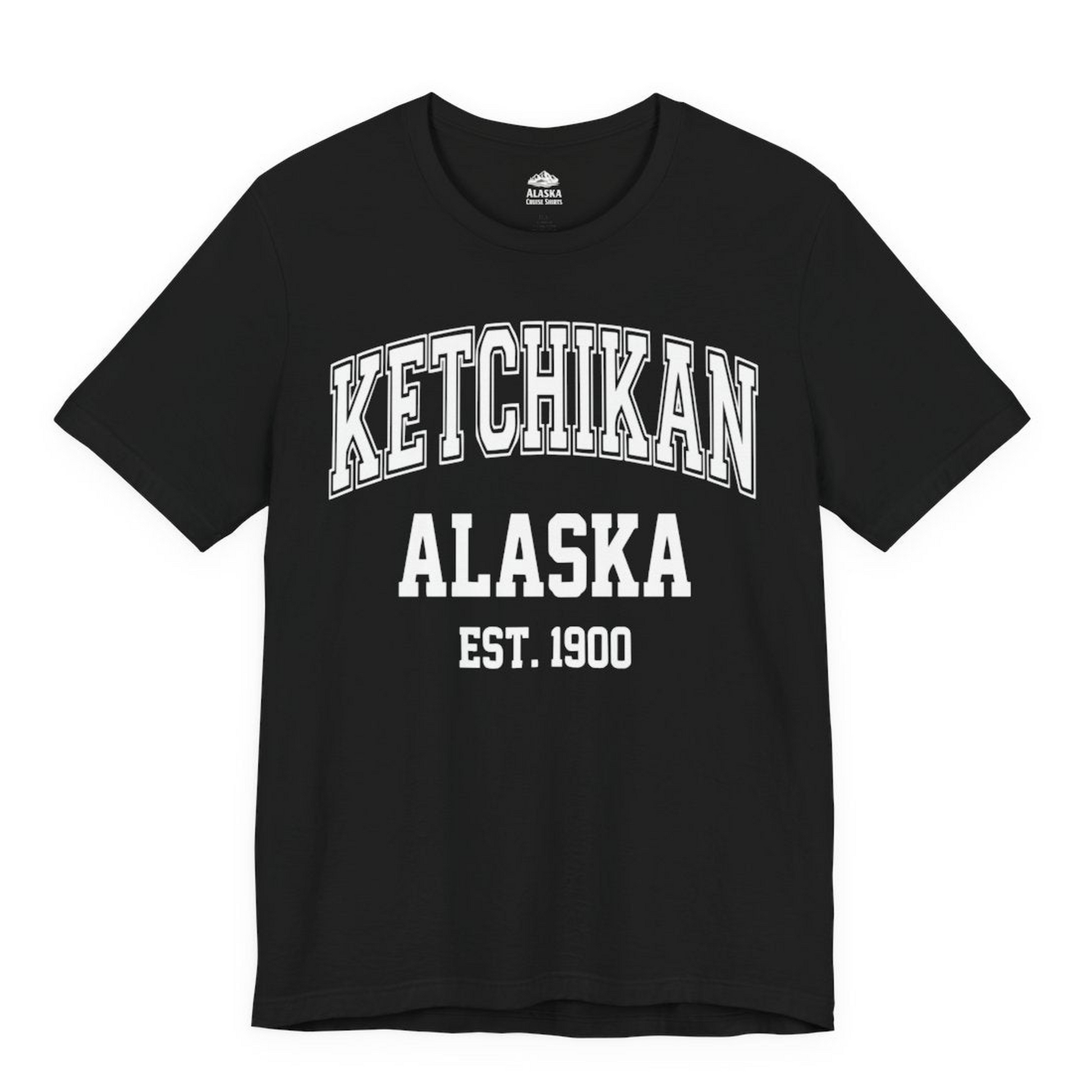 Ketchikan Alaska Collegiate Style Est 1900 Vintage Tee Shirt — Premium Tee Premium T-Shirt – Black – Alaska Cruise Shirts Close Up