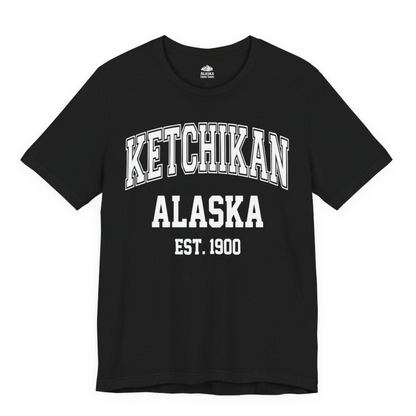 Ketchikan Alaska Collegiate Style Est 1900 Vintage Tee Shirt — Premium Tee Premium T-Shirt – Black – Alaska Cruise Shirts Close Up