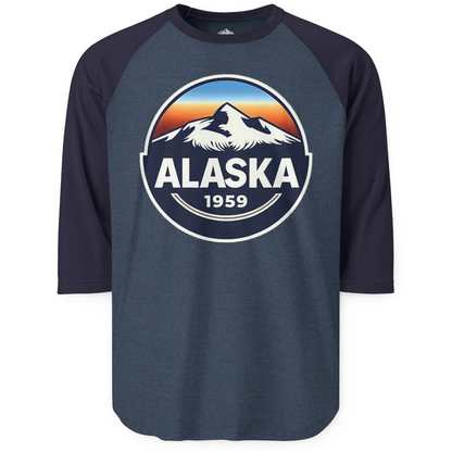 Alaska 1959 Retro Mountain Sunset Badge 3/4 sleeve shirt Vintage Statehood 3/4 sleeve shirt — 3/4 Sleeve 3/4 Sleeve Raglan Shirt – Alaska Cruise Shirts