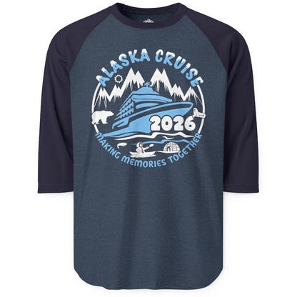 Alaska Cruise 2026 Family Adventure Shirt with Wildlife and Nature — 3/4 Sleeve 3/4 Sleeve Raglan Shirt – Alaska Cruise Shirts