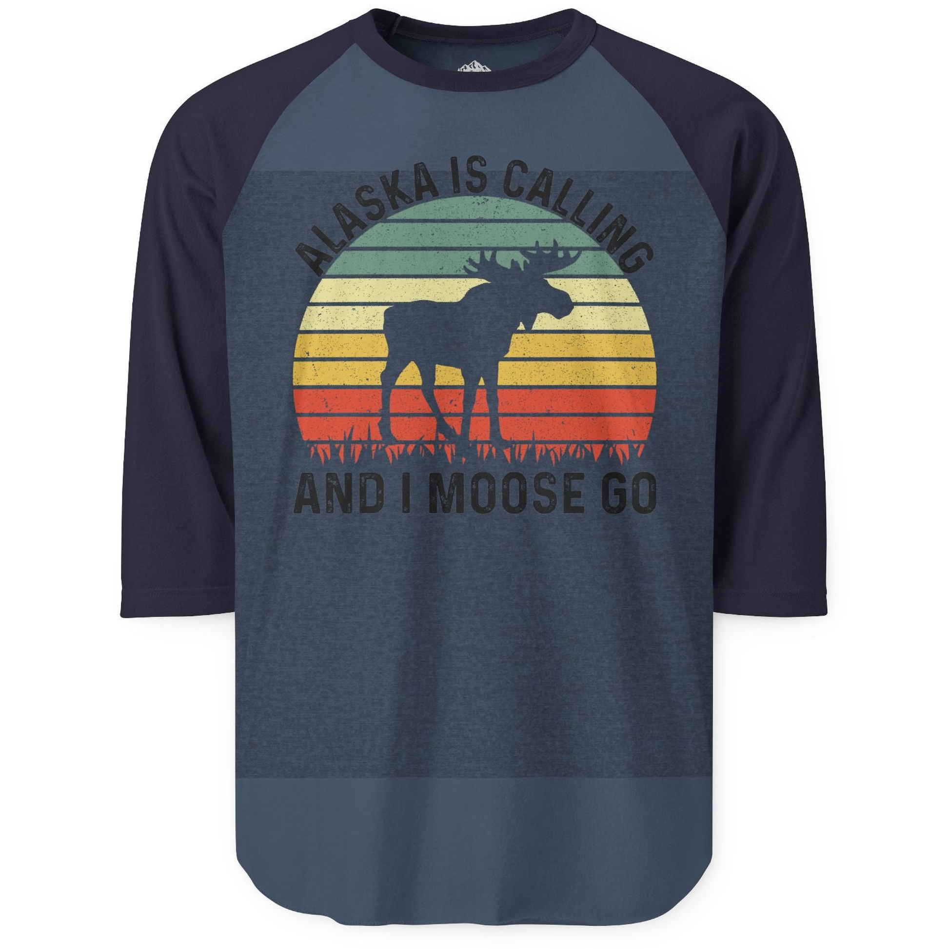 Alaska Is Calling And I Moose Go Retro Sunset Moose Graphic Shirt — 3/4 Sleeve 3/4 Sleeve Raglan Shirt – Alaska Cruise Shirts