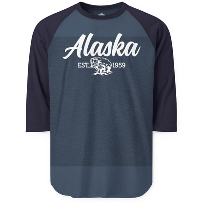 Alaska Bear Est 1959 Vintage Wildlife Graphic Monochrome Shirt — 3/4 Sleeve 3/4 Sleeve Raglan Shirt – Alaska Cruise Shirts