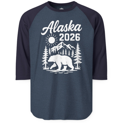 Alaska 2026 Bear and Mountains Nature Adventure Shirt — 3/4 Sleeve 3/4 Sleeve Raglan Shirt – Alaska Cruise Shirts