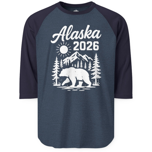 Alaska 2026 Bear and Mountains Nature Adventure Shirt — 3/4 Sleeve 3/4 Sleeve Raglan Shirt – Alaska Cruise Shirts