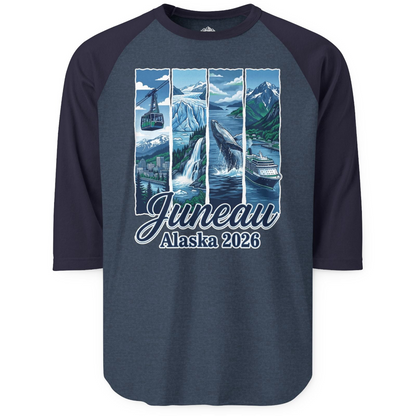 Juneau Alaska 2026 Cruise and Nature Souvenir Shirt — 3/4 Sleeve 3/4 Sleeve Raglan Shirt – Alaska Cruise Shirts