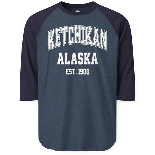 Ketchikan Alaska Collegiate Style Est 1900 Vintage Tee Shirt — 3/4 Sleeve 3/4 Sleeve Raglan Shirt – Alaska Cruise Shirts