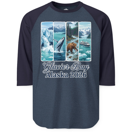 Glacier Bay Alaska 2026 Cruise Nature Wildlife Adventure Shirt — 3/4 Sleeve 3/4 Sleeve Raglan Shirt – Alaska Cruise Shirts