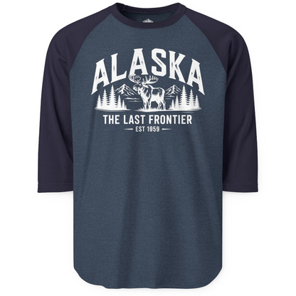 Alaska The Last Frontier Moose Mountain Wilderness Graphic Shirt — 3/4 Sleeve 3/4 Sleeve Raglan Shirt – Alaska Cruise Shirts
