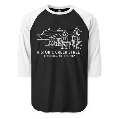 Ketchikan Creek Street Alaska Waterfront and Cruise Ship Shirt — 3/4 Sleeve 3/4 Sleeve Raglan Shirt – Alaska Cruise Shirts Close Up