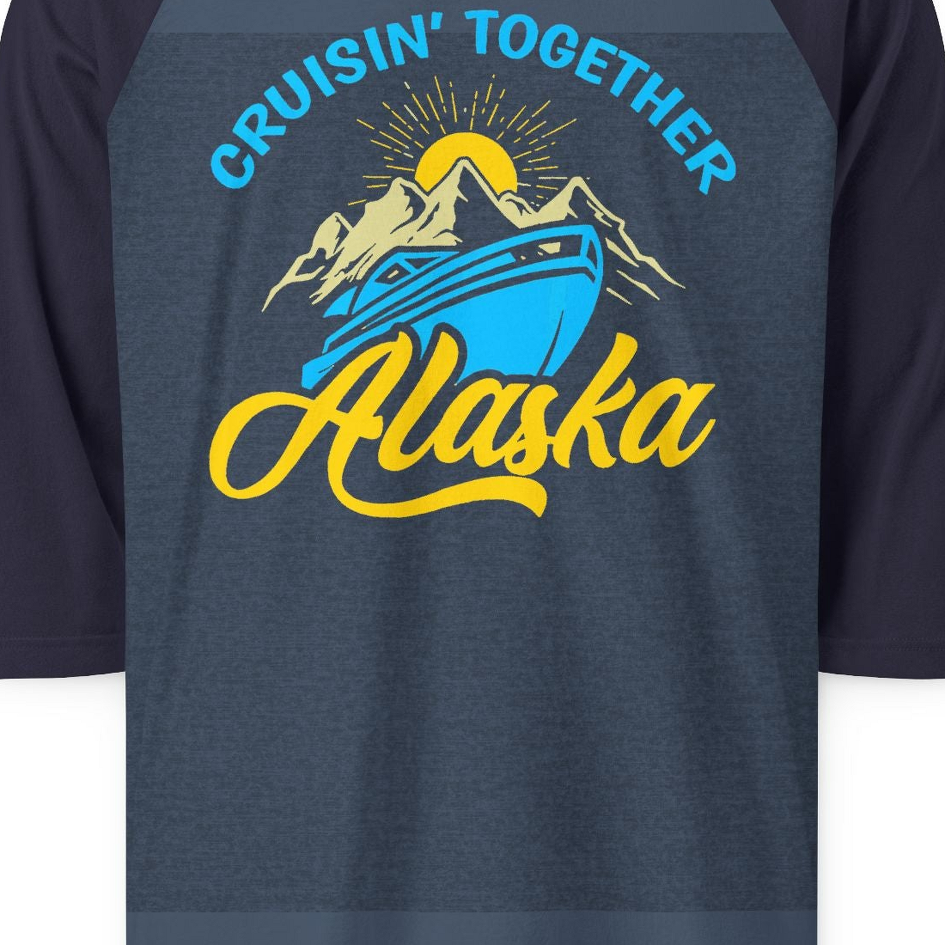 Alaska Cruise Adventure Mountains Sunrise Retro Shirt for Travelers — 3/4 Sleeve 3/4 Sleeve Raglan Shirt – Alaska Cruise Shirts Close Up