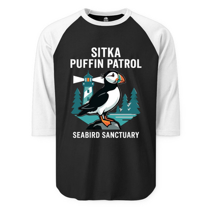 Sitka Puffin Bird Sanctuary Shirt 3/4 Sleeve Raglan Shirt – Alaska Cruise Shirts Close Up