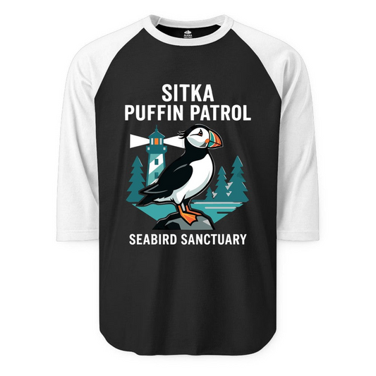 Sitka Puffin Bird Sanctuary Shirt 3/4 Sleeve Raglan Shirt – Alaska Cruise Shirts Close Up