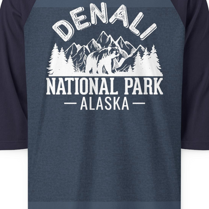 Denali National Park Bear Mountains Vintage Alaska Nature Shirt — 3/4 Sleeve 3/4 Sleeve Raglan Shirt – Alaska Cruise Shirts Close Up