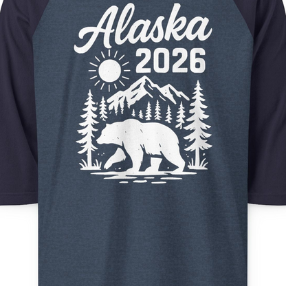 Alaska 2026 Bear and Mountains Nature Adventure Shirt — 3/4 Sleeve 3/4 Sleeve Raglan Shirt – Alaska Cruise Shirts Close Up