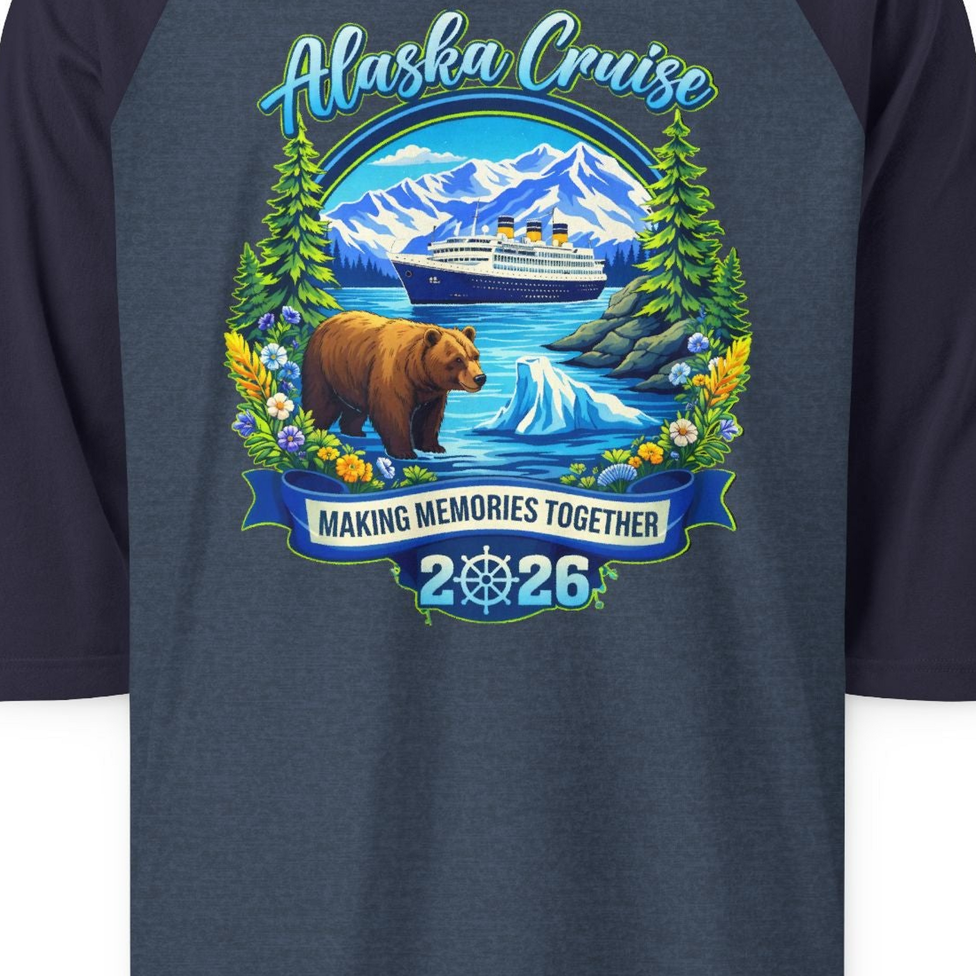 Alaska Cruise 2026 Family 3/4 sleeve shirt 3/4 Sleeve Raglan Shirt – Alaska Cruise Shirts Close Up