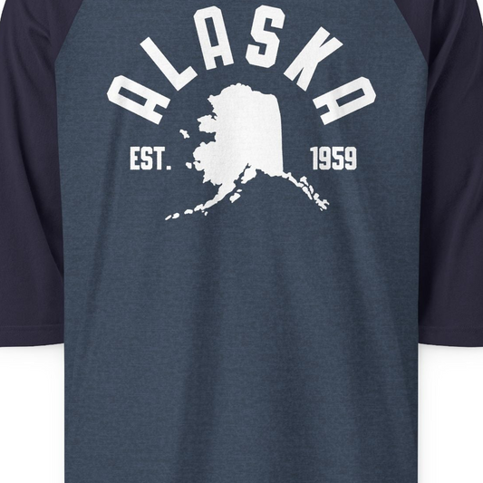 Vintage Alaska State Outline Est 1959 Retro Collegiate Shirt — 3/4 Sleeve 3/4 Sleeve Raglan Shirt – Alaska Cruise Shirts Close Up