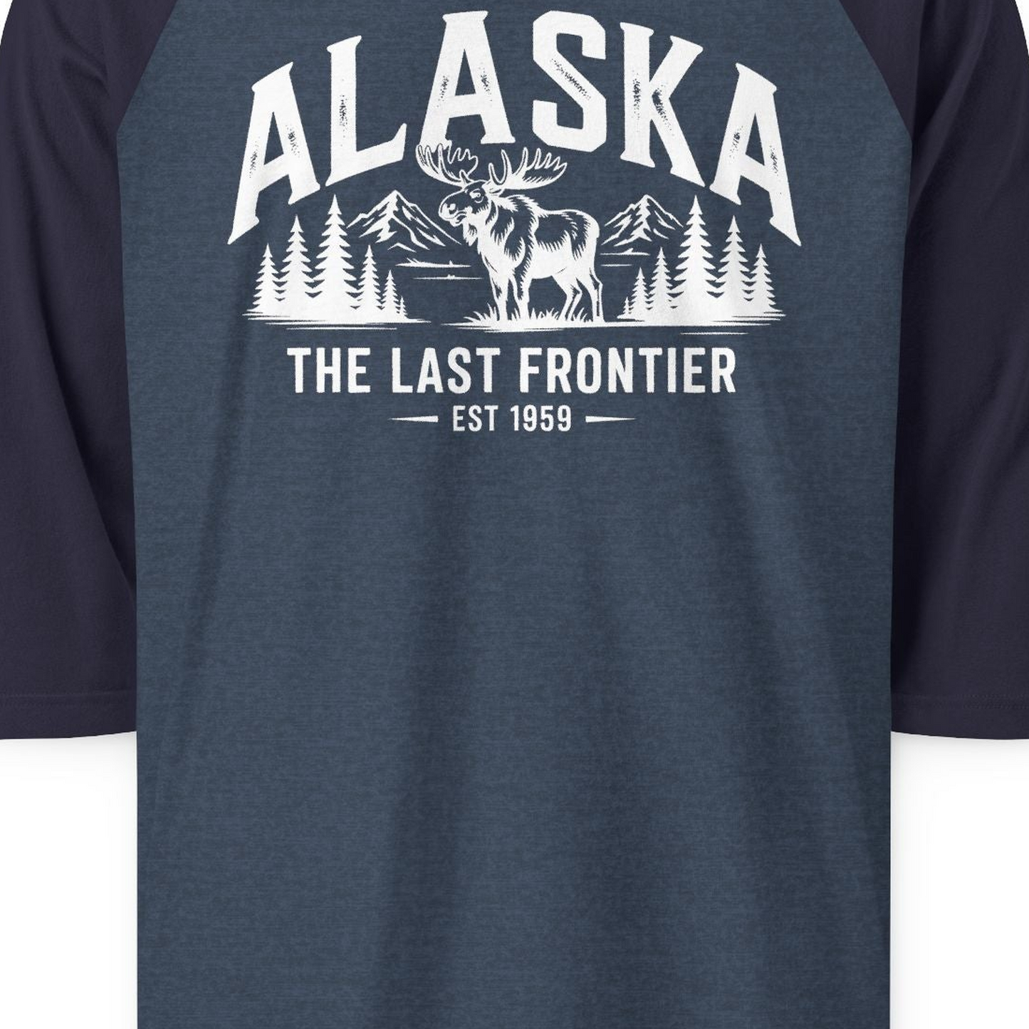 Alaska The Last Frontier Moose Mountain Wilderness Graphic Shirt — 3/4 Sleeve 3/4 Sleeve Raglan Shirt – Alaska Cruise Shirts Close Up