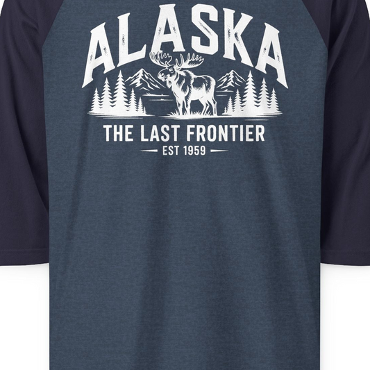 Alaska The Last Frontier Moose Mountain Wilderness Graphic Shirt — 3/4 Sleeve 3/4 Sleeve Raglan Shirt – Alaska Cruise Shirts Close Up