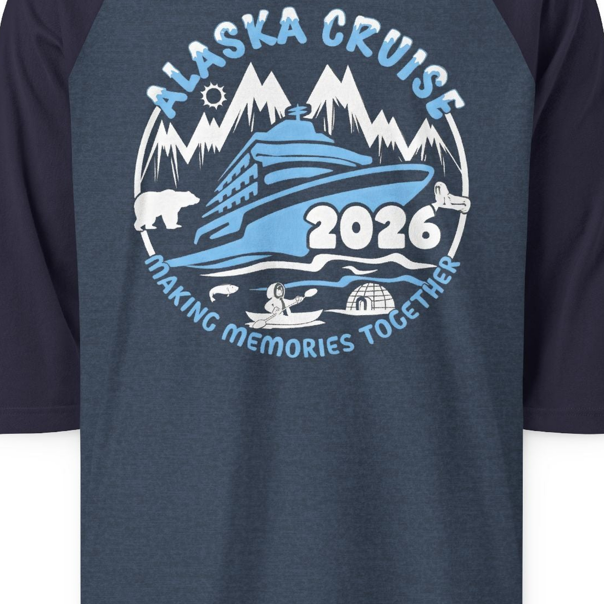 Alaska Cruise 2026 Family Adventure Shirt with Wildlife and Nature — 3/4 Sleeve 3/4 Sleeve Raglan Shirt – Alaska Cruise Shirts Close Up