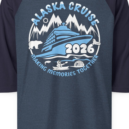 Alaska Cruise 2026 Family Adventure Shirt with Wildlife and Nature — 3/4 Sleeve 3/4 Sleeve Raglan Shirt – Alaska Cruise Shirts Close Up