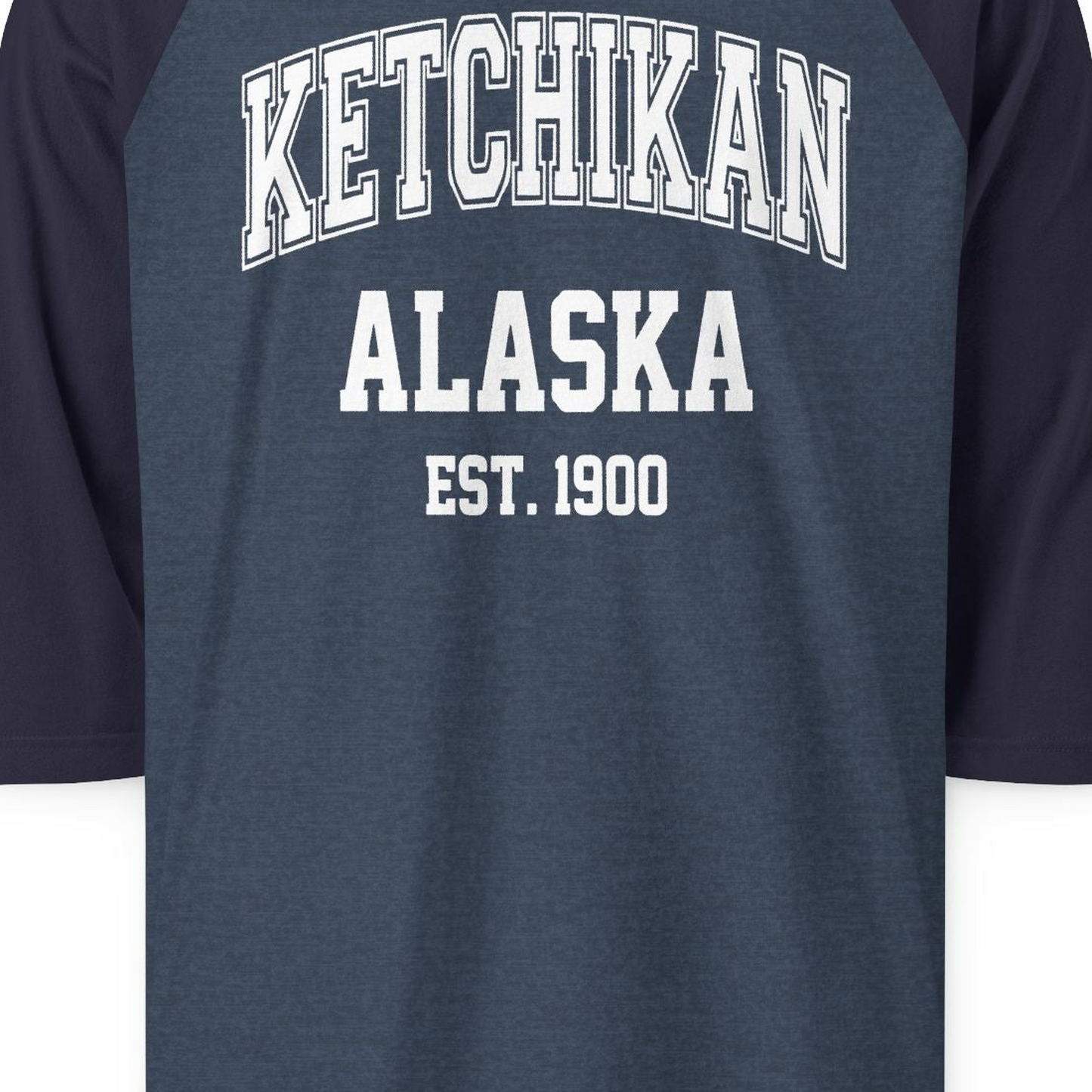 Ketchikan Alaska Collegiate Style Est 1900 Vintage Tee Shirt — 3/4 Sleeve 3/4 Sleeve Raglan Shirt – Alaska Cruise Shirts Close Up