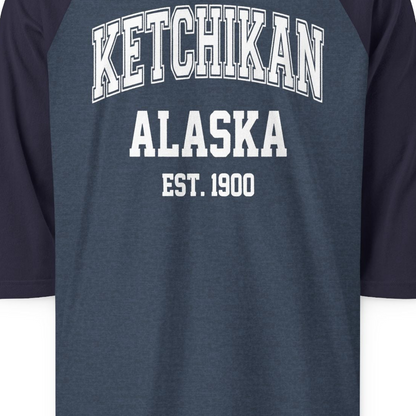 Ketchikan Alaska Collegiate Style Est 1900 Vintage Tee Shirt — 3/4 Sleeve 3/4 Sleeve Raglan Shirt – Alaska Cruise Shirts Close Up