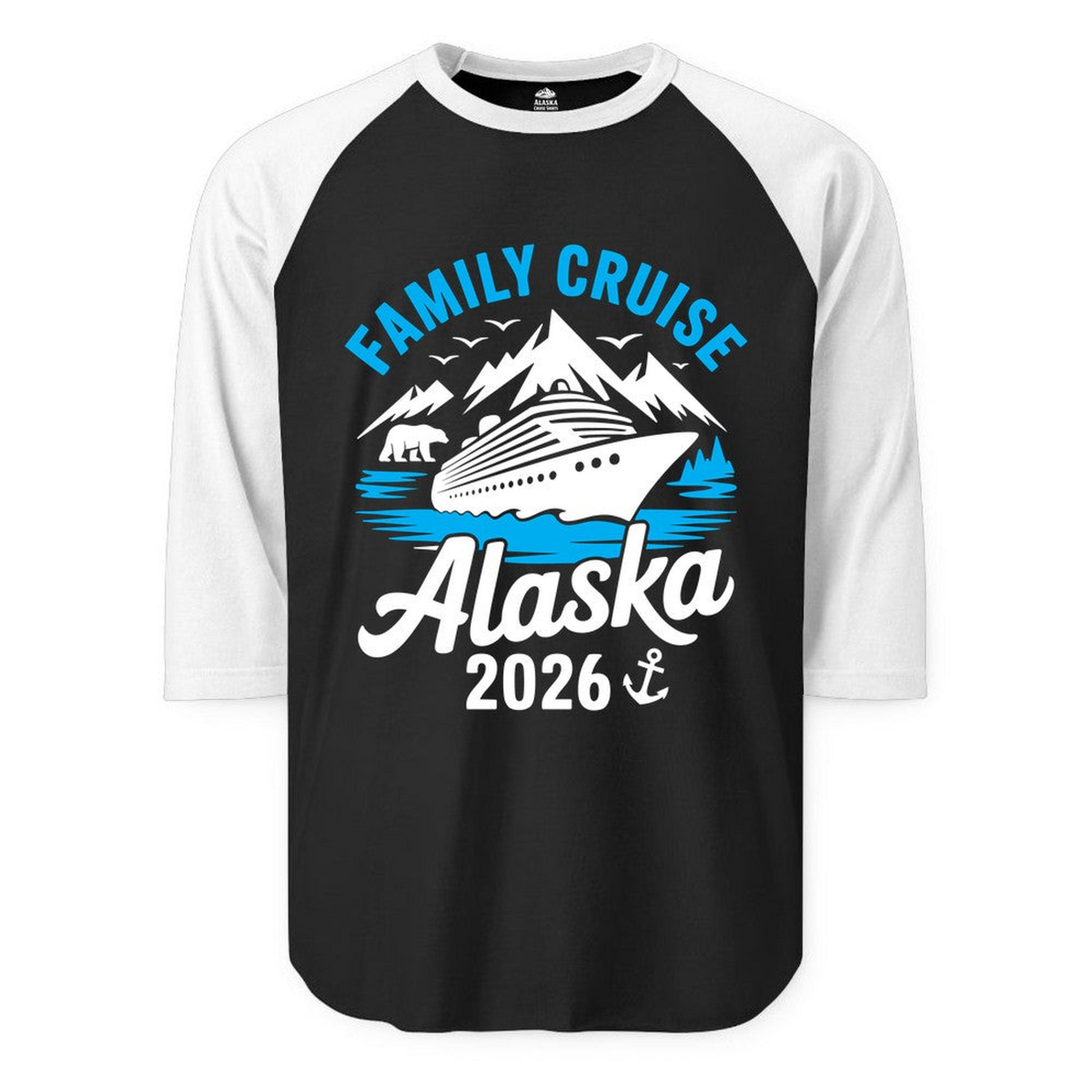 Alaska Family Cruise Shirt 2026 Mountains Wildlife Adventure Tee — 3/4 Sleeve 3/4 Sleeve Raglan Shirt – Alaska Cruise Shirts Close Up