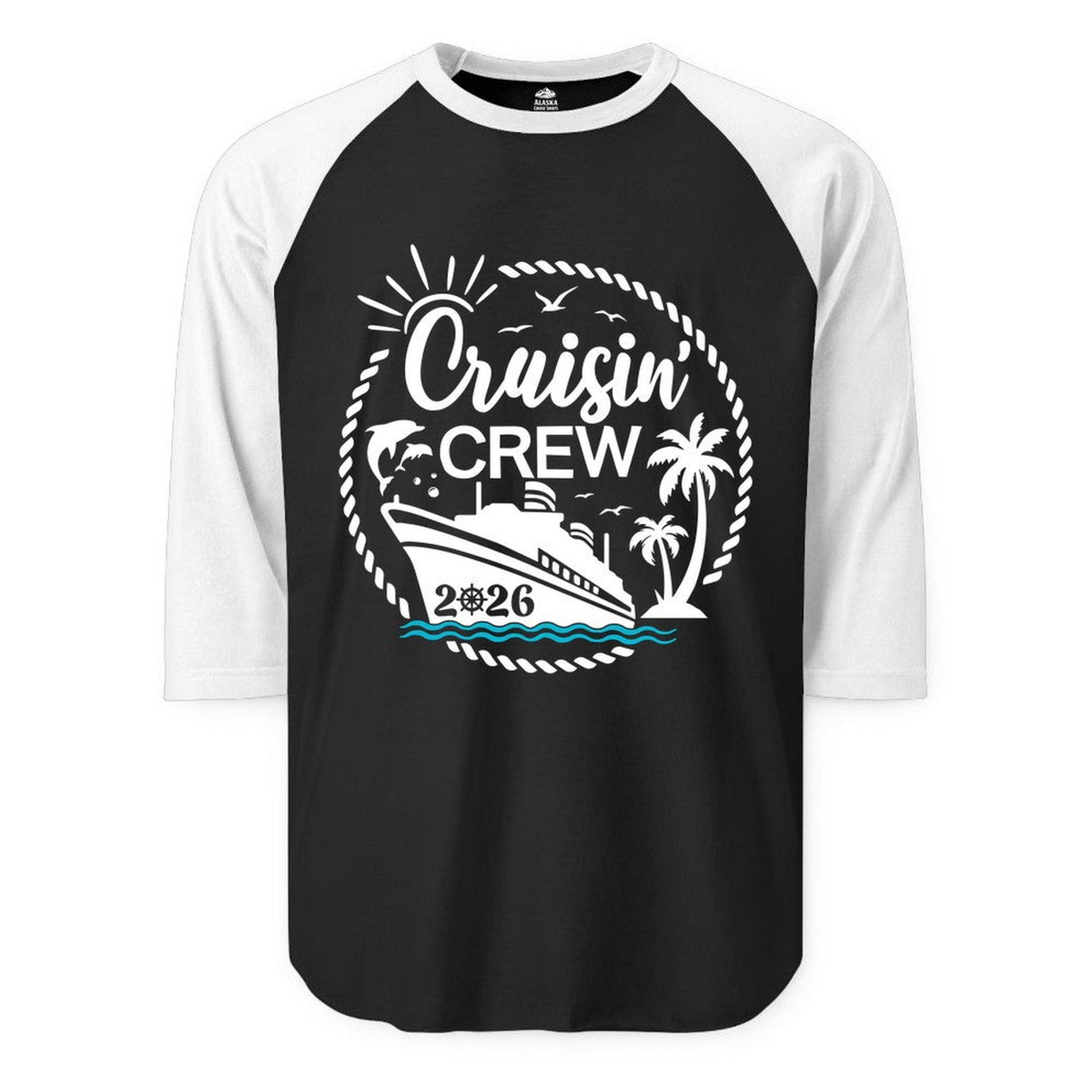 Cruisin Crew Shirt Tropical Family Group Cruise 2026 Caribbean Islands — 3/4 Sleeve 3/4 Sleeve Raglan Shirt – Alaska Cruise Shirts Close Up