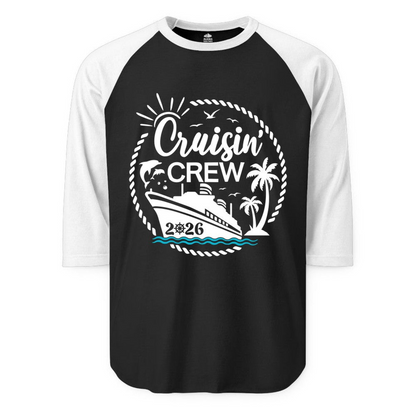 Cruisin Crew Shirt Tropical Family Group Cruise 2026 Caribbean Islands — 3/4 Sleeve 3/4 Sleeve Raglan Shirt – Alaska Cruise Shirts Close Up