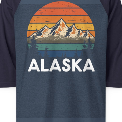 Retro Alaska Mountain Scenery Shirt 3/4 Sleeve Raglan Shirt – Alaska Cruise Shirts Close Up