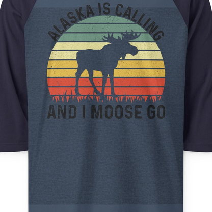 Alaska Is Calling And I Moose Go Retro Sunset Moose Graphic Shirt — 3/4 Sleeve 3/4 Sleeve Raglan Shirt – Alaska Cruise Shirts Close Up