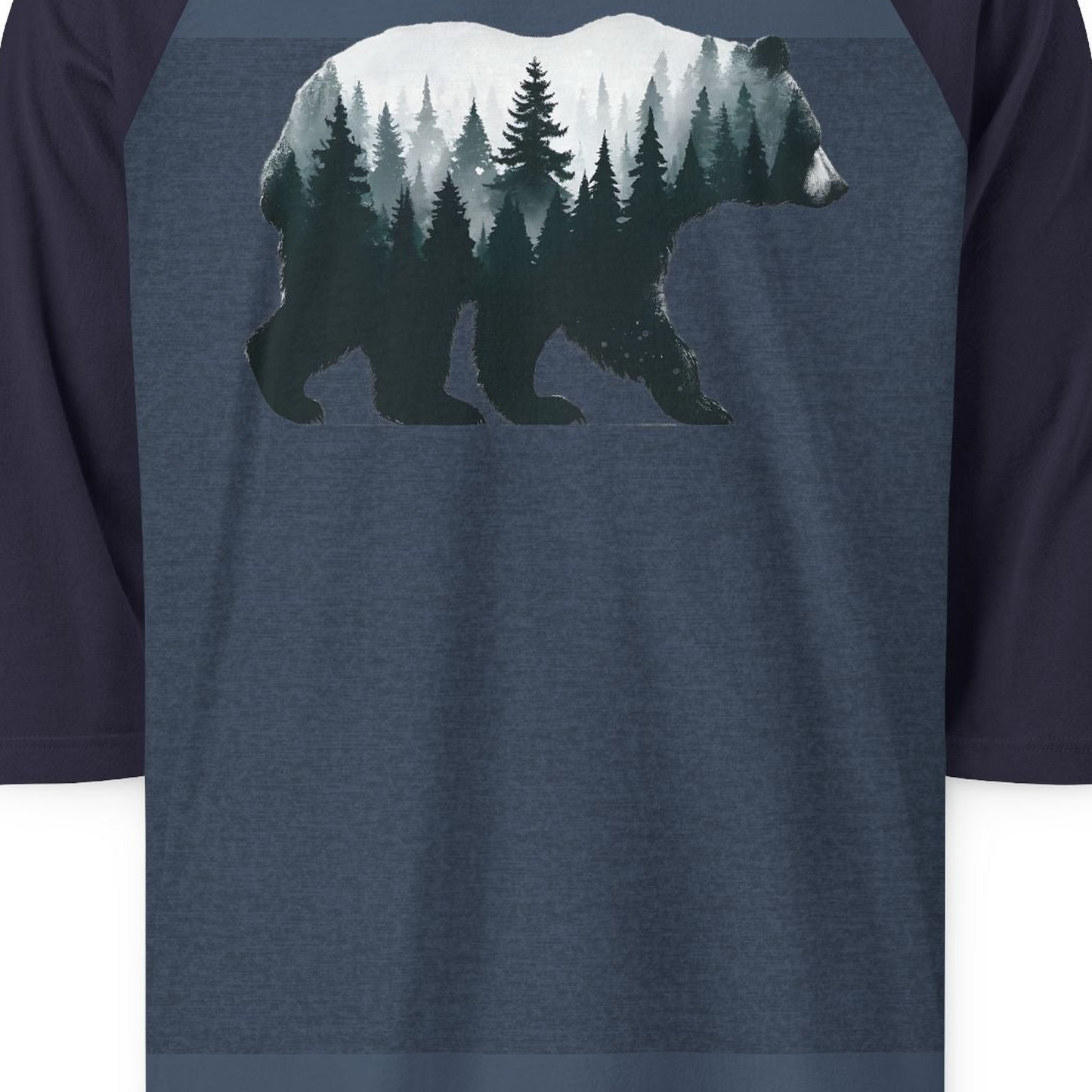 Double Exposure Bear Forest Silhouette Wilderness Shirt for Nature Lovers — 3/4 Sleeve 3/4 Sleeve Raglan Shirt – Alaska Cruise Shirts Close Up
